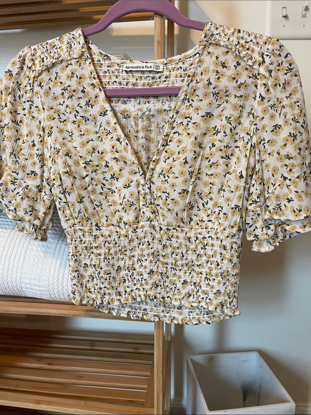 Abercrombie & Fitch Cream and Yellow Floral Smocked V-Neck Crop Top